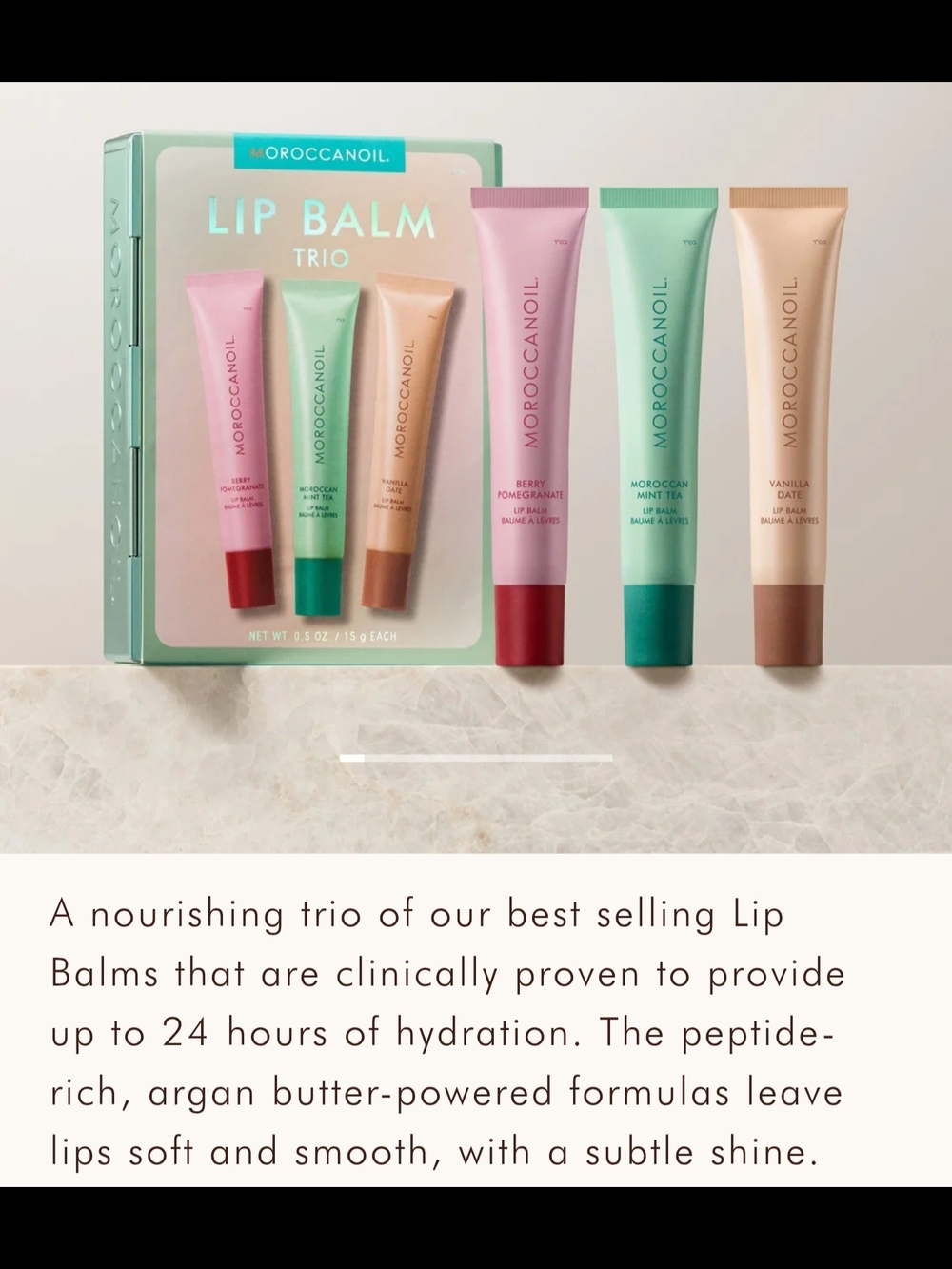 Moroccanoil Lip Balm Trio — Pink, Mint & Beige Hydrating Balms